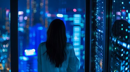 Wall Mural - woman standing in blue room looking at the window. people walking in the city at night