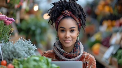 Wall Mural - woman working on a laptop at a farmers market. woman holding shopping bags