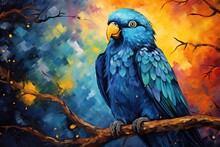  A Painting Of A Blue Parrot Perched On A Tree Branch In Front Of A Colorful Background Of Leaves And Branches.