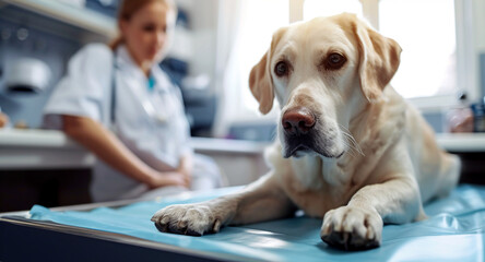 Wall Mural - Cute golden labrador retriever dog on a table in a veterinary clinic. Retriever puppy in a vet cabinet