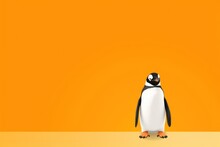  A Penguin Is Standing In Front Of An Orange Background With A Black And White Penguin On It's Head.