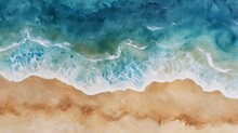 Beautiful Beach With Blue Sea And Waves On The Sand Seen From Above. Abstract Watercolor Painting Top Down Aerial View. Background Texture
