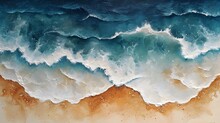 Beautiful Beach With Blue Sea And Waves On The Sand Seen From Above. Abstract Watercolor Painting Top Down Aerial View. Texture Of The Wall