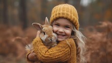 Girl With A Little Bunny In The Woods