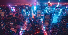 Aerial View At Night Of Times Square In New York. City Lights