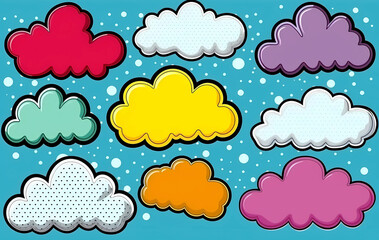 Wall Mural - Colorful retro pop art speech clouds set isolated on a blue background.  empty cloud elements.  