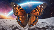 Bright Colorful Butterfly In Space. Tropical Butterfly And Lunar Landscape.