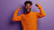 realistic photography portrait of an excited man in orange sweater dancing on purple background, delighted and fun person --ar 16:9 --v 6 Job ID: a7bd5c1c-030a-4663-8450-628e33259d3a