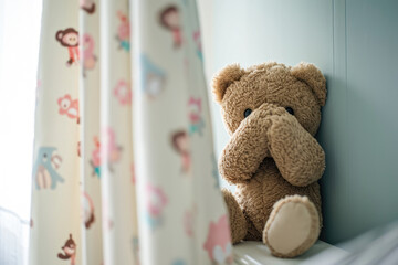 Wall Mural - Concealing the Pain: Illustrating the Concept of Child Abuse with a Teddy Bear Shielding Its Eyes