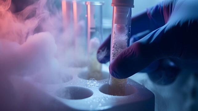 Test tube with egg donation puts in Liquid Nitrogen cryostorage, generative