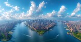 Fototapeta  - aerial view of manhattans bridge and lower manhattan. sunset over the river