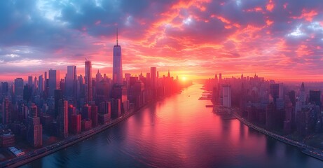 Wall Mural - aerial view of york city and new york boroughs. sunset over the river