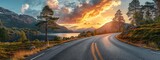 Fototapeta Fototapety z naturą - A winding road leads through a majestic landscape of towering trees and rugged mountains, with the sky painted in hues of fiery sunset, inviting us to embark on a journey of exploration and adventure