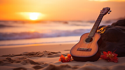 ukulele on the beach rests in the sand, the sunrise casting a golden glow with gentle waves