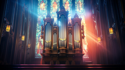 Pipe organ in the old cathedral within the solemn grandeur of old cathedral a pipe organ intricate