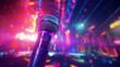 A dynamic microphone in an underground music venue, with vibrant laser lights, 3D rendered