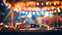 A Lone Tambourine Lies Forgotten, The Scattered Lights Of The Fairground Creating A Bokeh Effect