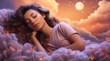 Sleep Day, Asleep And Health Problems, Insomnia, Soft Bed Time Night Lazy Pillow Comfort Room, Relax Melatonin, Woman Man Girl Boy, Moon Star, Banner Copy Space Greeting Card Background.