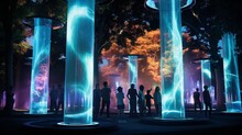 A Futuristic Park With Holographic Sculptures And Interactive Light Installations