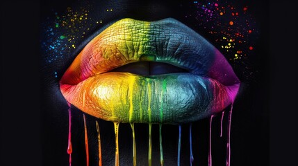 Wall Mural - Sexy, juicy female lips covered with rainbow colored lipstick, wet paint, makeup. 3d ilustration.