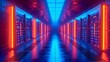 data center with colored lights on the floor server room. light tunnel in the night. background with lines. binary code abstract