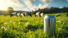 Retro Can For Milk With Cows Eating Clover On The Background