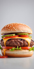 Wall Mural - Cheese burger - American cheese burger with fresh salad on white background