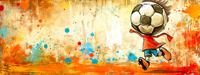 soccer ball character wearing a red cape, mid-action against a vibrant abstract background splashed with orange, blue, and red, perfect for a dynamic sports event banner with ample text space