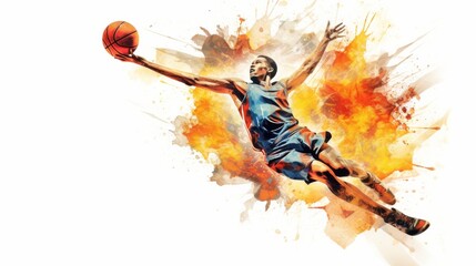 Wall Mural - Action picture of basketball player leaping to the hoop impressionistic style, white background 