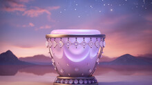 Soft Pearl Djembe With Glowing Pastel Gems And Satin Drapery On A Sky Of Twilight Mauve 3D Rendering