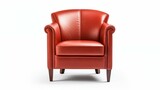 Fototapeta  - A red leather chair with a wooden frame, providing comfort and style to any room decor.
