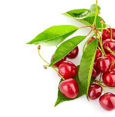 Wall Mural - Fresh Cherries berries with green leaves isolated on white background. Natural organic cherry berry group, healthy food.