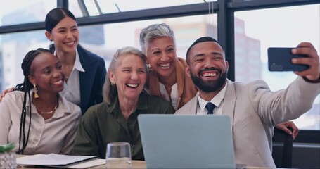 Aufkleber - Business people, meeting and selfie, diversity in office on social media, post and happy team in conference room. Smile in photograph, profile picture with photography and corporate collaboration