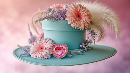 Wall Mural - Turquoise hat decorated with pink heart and pale pink bouquet. 