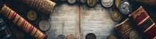Historic Antique Books And Coins Collection On Dark Wooden Background Banner