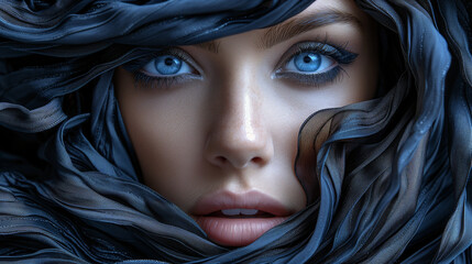 Captivating image a close up woman's face decorated with a with silk or satin cloth.  Surrealistic artwork. The intricate details, and utilize soft lighting. The magical and dreamlike ambiance.