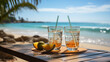 © lisssbetha - Glass of tropical beverage with ice and different decoration. Background of a sunny beach with palms and coast. Concept of paradise