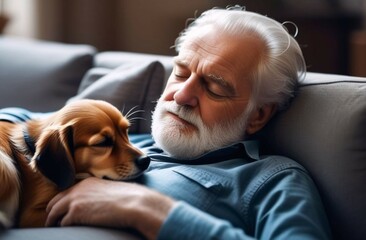 Old man asleep with his sleeping small dog on his breast on couch at home. concept: loneliness, happy old age, friendship, pet family, incentive to live, pets and seniors, family, mental health