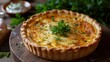 Freshly baked quiche with herbs on a wooden board, kitchen backdrop