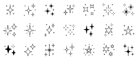 stars and sparkles doodle set. twinkle, blink, firework, glitter silhouette and glowing symbols in s