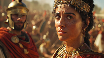 Beautiful ancient Roman queen with her commander and army on a battlefield ready to attack.