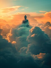 Award winning photography, Minimalist style, minimalist composition, Buddha made of clouds, orange sunset through the clouds - generative ai