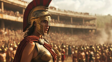 Female Spartan Commander With Golden Helmet And Her Army In The Arena.