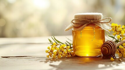 Jar of honey with flowers of acacia and dipper on light background