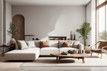 Wall Mural - Interior home design of modern living room with white sofa and rustic wooden table with white wall furniture