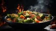 The healthy diet meal concept of a black bowl with steamed vegetables on a dark background