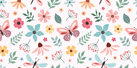 Wall Mural - Spring-summer pattern with butterflies and flowers