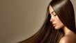 Beautiful model girl with shiny brown and straight long hair . Keratin straightening . Treatment, care and spa procedures. Smooth hairstyle