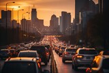 Fototapeta Miasta - Metropolis rush hour. Sunset traffic congestion with cars jammed in highway gridlock