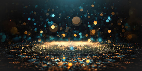 Wall Mural - Creative sparkling dance floor stage, empty podium, blue golden background with, glittering confetti and bokeh